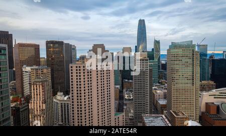 Beautiful view of business center in downtown San Francisco at sunset Stock Photo