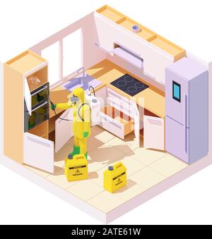 Vector isometric pest control worker spraying pesticides Stock Vector