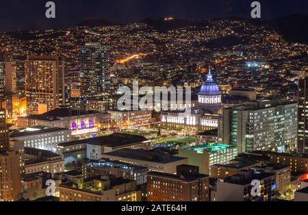 City hall of San Francisco Civic Center at night aerial view. Beautiful dusk panoramic view of central district and City Hall building at San Francisc Stock Photo