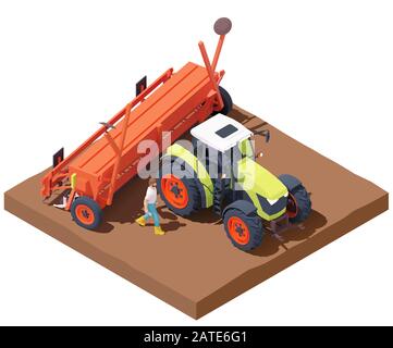 Vector isometric tractor with seed drill Stock Vector