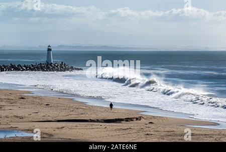 Santa Cruz Breakwater Lighthouse in Santa Cruz, California at sunset Stock Photo