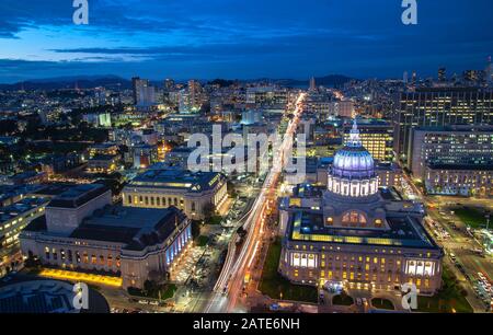 City hall of San Francisco Civic Center at night aerial view. Beautiful dusk panoramic view of central district and City Hall building at San Francisc Stock Photo