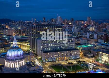 City hall of San Francisco Civic Center at night aerial view. Beautiful dusk panoramic view of central district and City Hall building at San Francisc Stock Photo