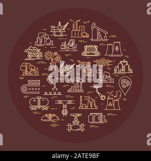 Circular vector concept consisting of linear icons on an industrial theme. Stock Vector