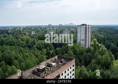Central square in abandoned Pripyat city in Chernobyl Exclusion Zone, Ukraine Stock Photo