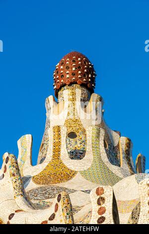 Detail of the pavilion at the entrance of Park Guell, Barcelona, Catalonia, Spain Stock Photo