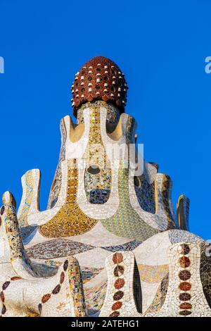 Detail of the pavilion at the entrance of Park Guell, Barcelona, Catalonia, Spain Stock Photo
