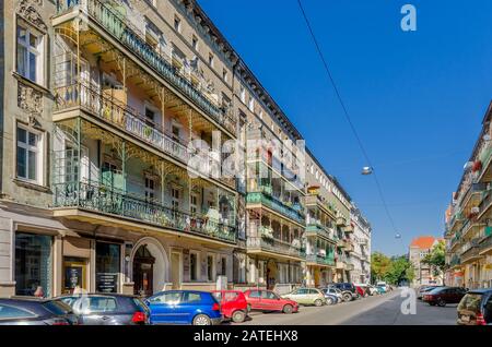 Szczecin, West Pomeranian Province, Poland. New Orleans style balconies. Stock Photo