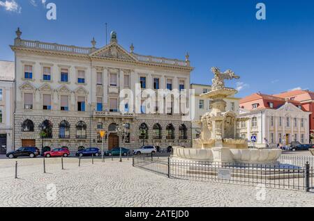 Szczecin, West Pomeranian Province, Poland. Neobaroque 'Under the globe Palace' - former Grumbkow Palace. White Eagle Fountain in the foreground. Stock Photo