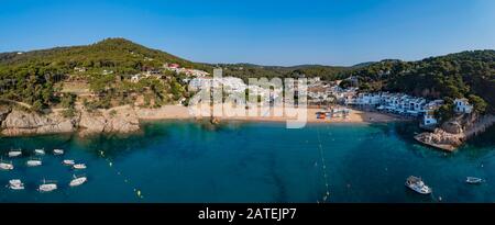 Aerial View from Beach in Tamariu, Costa Brava, Spain Mediterranean Sea Stock Photo