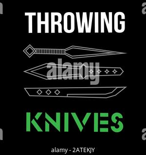 Three grey contour throwing knives on black background with text Stock Vector