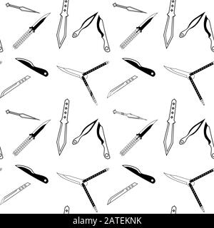 Seamless background with black and white throwing knives and butterfly knives Stock Vector