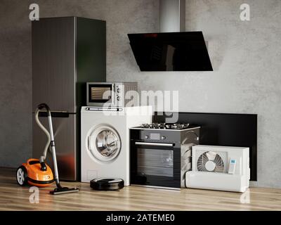 Home appliances. Refrigerator, washer, microwave, freezer conditioner, vacuum cleaner, gas stove, smart TV, hood, robotic vacuum cleaner. 3d rendering Stock Photo