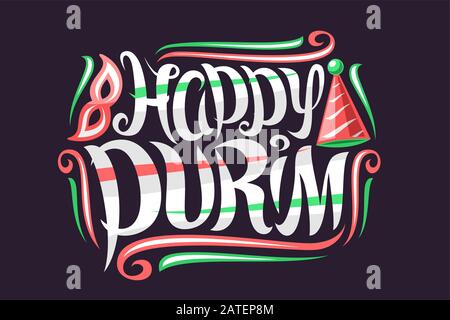 Vector greeting card for Purim Carnival, decorative invitation with curly calligraphic font, design flourishes, red clown hat and carnival mask, swirl Stock Vector