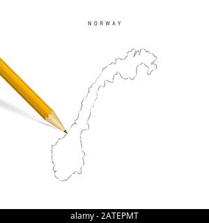 Norway sketch outline map isolated on white background. Empty hand drawn map of Norway. Realistic 3D pencil with soft shadow. Stock Photo