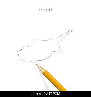 Cyprus sketch outline map isolated on white background. Empty hand drawn map of Cyprus. Realistic 3D pencil with soft shadow. Stock Photo