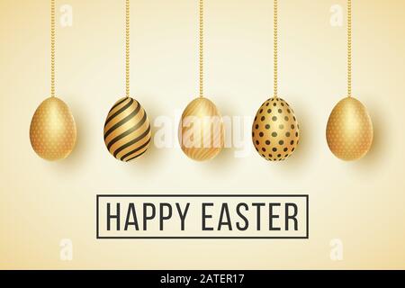 Easter cover. Hanging golden eggs with a pattern on a light background. Vector illustration. EPS 10 Stock Vector