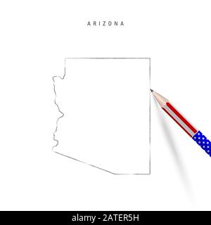 Arizona US state map pencil sketch. Arizona outline contour map with 3D pencil in american flag colors. Freehand drawing , hand drawn sketch isolated Stock Photo