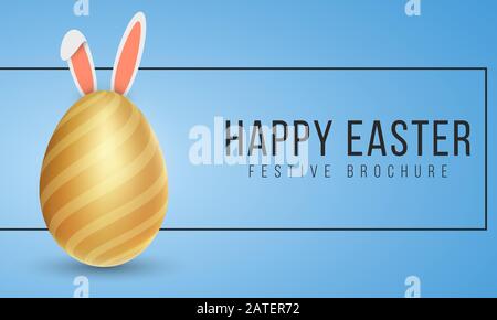 Easter golden egg with a pattern and rabbit ears on a blue background. Black frame with text. Holiday template for your design. Vector illustration. E Stock Vector