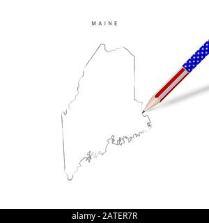 Maine US state map pencil sketch. Maine outline contour map with 3D pencil in american flag colors. Freehand drawing , hand drawn sketch isolated on w Stock Photo