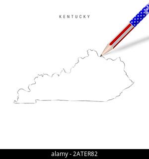 Kentucky US state map pencil sketch. Kentucky outline contour map with 3D pencil in american flag colors. Freehand drawing , hand drawn sketch isolate Stock Photo