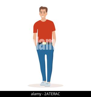 Young man in a t-shirt and trousers standing with hands in pockets, smiling. Man in relaxed pose and in good mood. Flat vector illustration Stock Vector