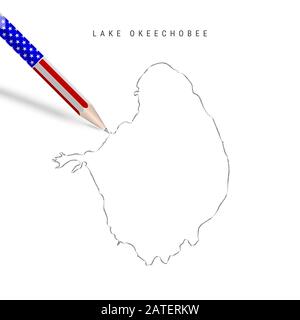 Lake Okeechobee map pencil sketch. Lake Okeechobee outline contour map with 3D pencil in american flag colors. Freehand drawing , hand drawn sketch is Stock Photo