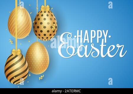 Gift card for Happy Easter. Hanging golden eggs with a pattern on a light background. Holiday template for your design. Vector illustration. EPS 10 Stock Vector