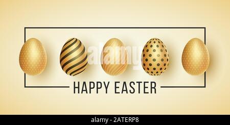 Easter label. Golden eggs with a pattern on a light background. Black frame with text. Greeting card. Holiday template for your design. Vector illustr Stock Vector