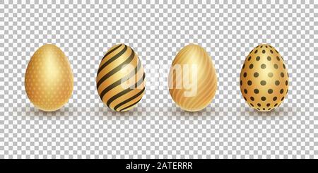 Easter golden glossy 3d eggs with a pattern on a transparent background. Holiday elements for your project. Vector illustration. EPS 10 Stock Vector