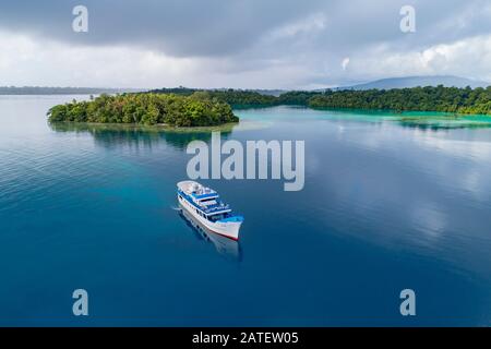 Aerial View from Luten's Village, Marovo Lagoon, Maybe the bigest Saltwater lagoon of the World, Solomon Islands, Solomon Sea Stock Photo