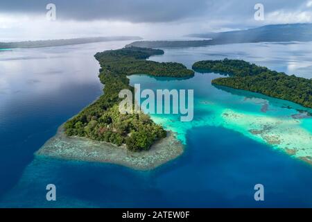 Aerial View from Luten's Village, Marovo Lagoon, Maybe the bigest Saltwater lagoon of the World, Solomon Islands, Solomon Sea Stock Photo