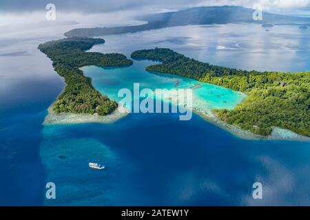 Aerial View from Luten's Village, Marovo Lagoon, Maybe the bigest Saltwater lagoon of the World, Solomon Islands, Solomon Sea Stock Photo