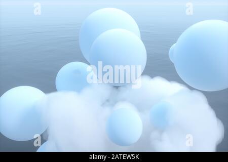 Balls and clouds floating on the lake,peaceful scene,3d rendering. Computer digital drawing. Stock Photo