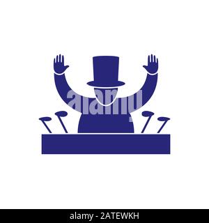Icon the President greets by raising his hands at the microphone on an isolated white layer. Vector image. Silhouette. Stock Vector