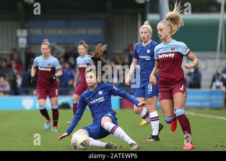 London, UK. 2nd February 2020. Hannah Blundell of Chelsea Women being tripped by Alisha Lehmann of West Ham United Women during the Barclays FA Women's Super League match between Chelsea and West Ham United at the Kingsmeadow, Kingston on Thames on Sunday 2nd February 2020. (Credit: Jacques Feeney | MI News) Photograph may only be used for newspaper and/or magazine editorial purposes, license required for commercial use Credit: MI News & Sport /Alamy Live News Stock Photo