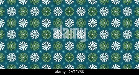 Seamless pattern with white yellow geometric flowers. Geometrical floral texture on turquoise background to print on fabric, textile tissue, wrapping Stock Vector