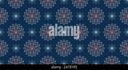 Seamless pattern with geometric beige blue flowers. Vintage outline floral texture on dark blue background to print on fabric, textile tissue, wrappin Stock Vector