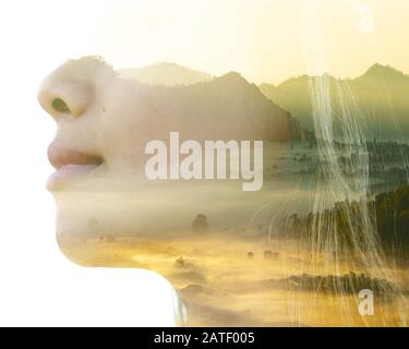 Surreal creative double exposure portrait Stock Photo