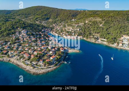 Aerial View of fishing village Stomorska, Island Solta, Dalmatia, Croatia, Adriatic Sea, Mediterranean Sea Stock Photo