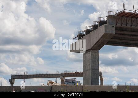 An overpass ramp sits partially constructed at the intersection of GA 400 and I-285 on July 22, 2019 in Atlanta, GA. Stock Photo