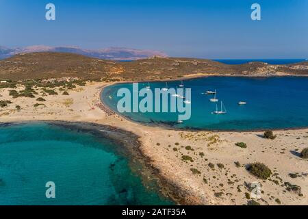 Aerial view of Simos beach in Elafonisos island in Greece. Elafonisos is a small Greek island the Peloponnese with idyllic exotic beaches and crystal Stock Photo