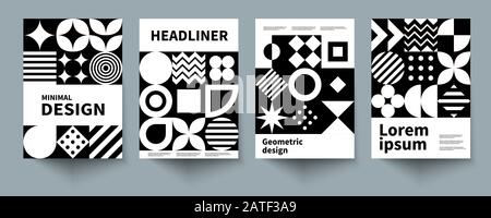 Minimalistic monochrone geometric poster, minimal black and white cover template, A4 brochure, swiss style vector graphic design Stock Vector