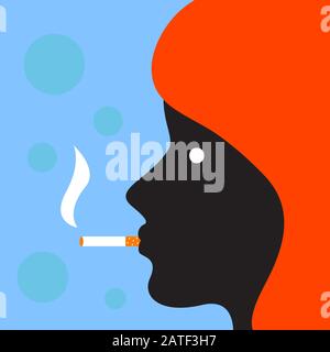 Profile of woman with cigarette in flat style. Vector character illustration. Men healthcare concept. Nicotine addiction. Stock Vector