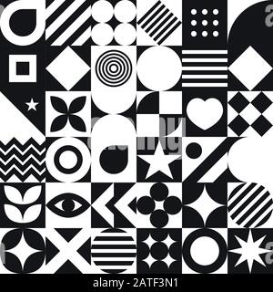 Monochrome geometric seamless pattern in 70s style, bauhause background, black and white swiss vector design Stock Vector