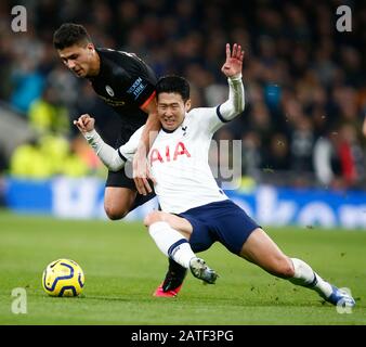 London, UK. 2nd February 2020.Tottenham Hotspur's Son Heung-Min gets brought down by Manchester City's Rodrigo during Premier League match between Tottenham Hotspur and Manchester City on February 02 2020 at The Tottenham Hotspur Stadium, London, England. Credit: Action Foto Sport/Alamy Live News Stock Photo