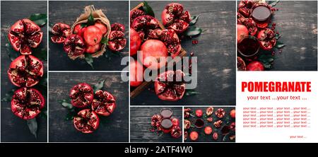 Photo collage. Fresh pomegranate. Fruits. Top view. Stock Photo
