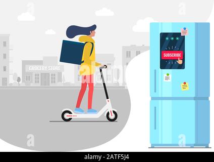 Product subscribe ordering and delivery by female on electric kick scooter service concept. Subscription online shopping goods app from supermarket. Girl shipping food from grocery store flat vector Stock Vector