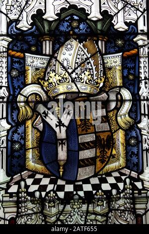 A stained glass window by C E Kempe & Co: The coat of arms of Frederick Temple as Archbishop of Canterbury 1896-1903 St Editha's Church, Church Eaton Stock Photo