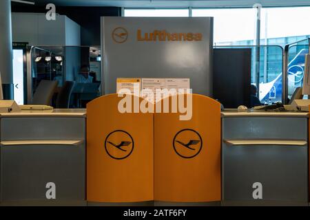 Deutsche Lufthansa AG logos at passenger check in area Stock Photo